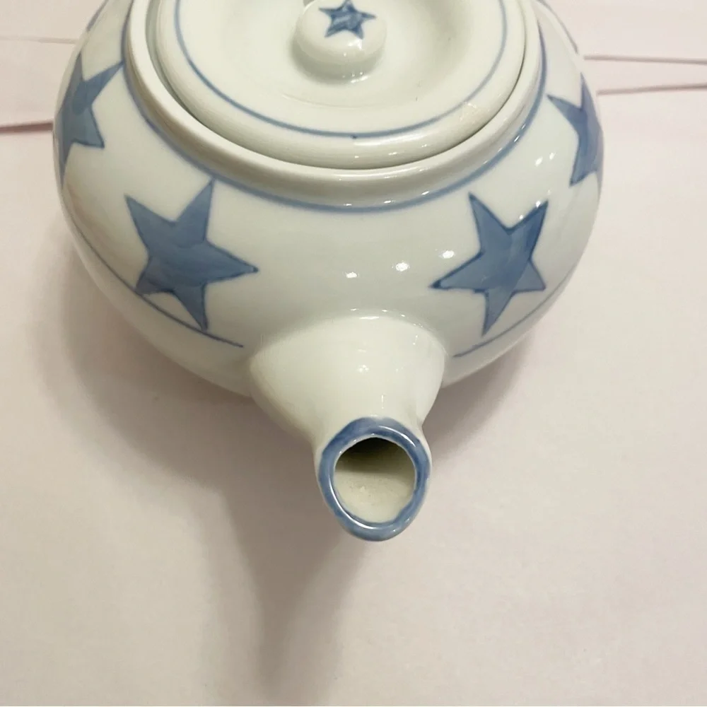 White & Blue Stars Pier 1 Stoneware Teapot